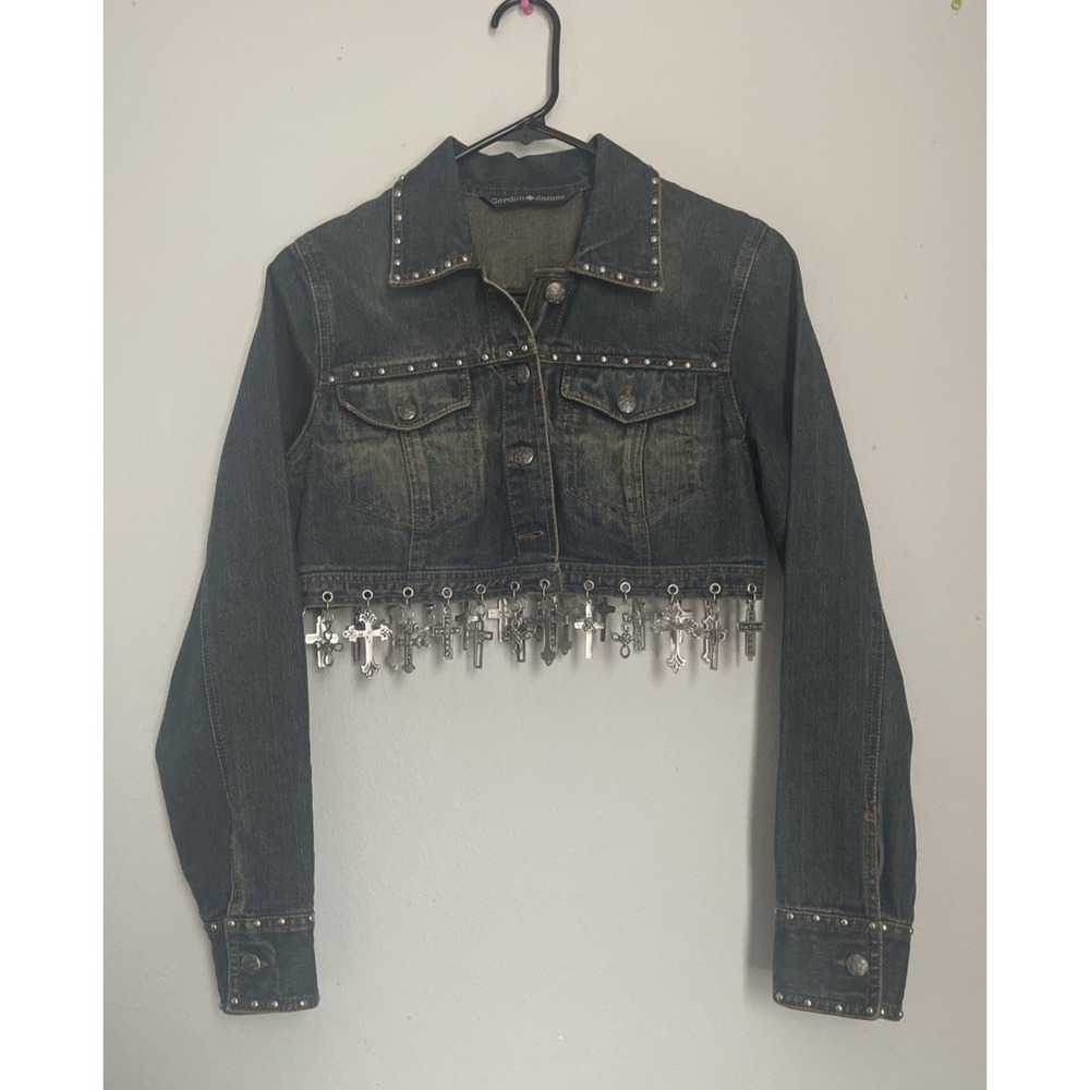 GORDON JAMES Western Denim Women's Cropped Jacket Size S Cross Charm